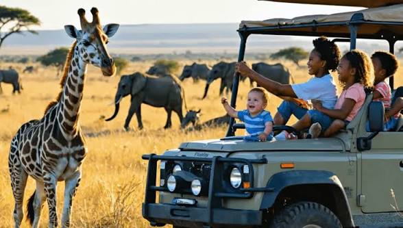 Family game drive with giraffe and elephants