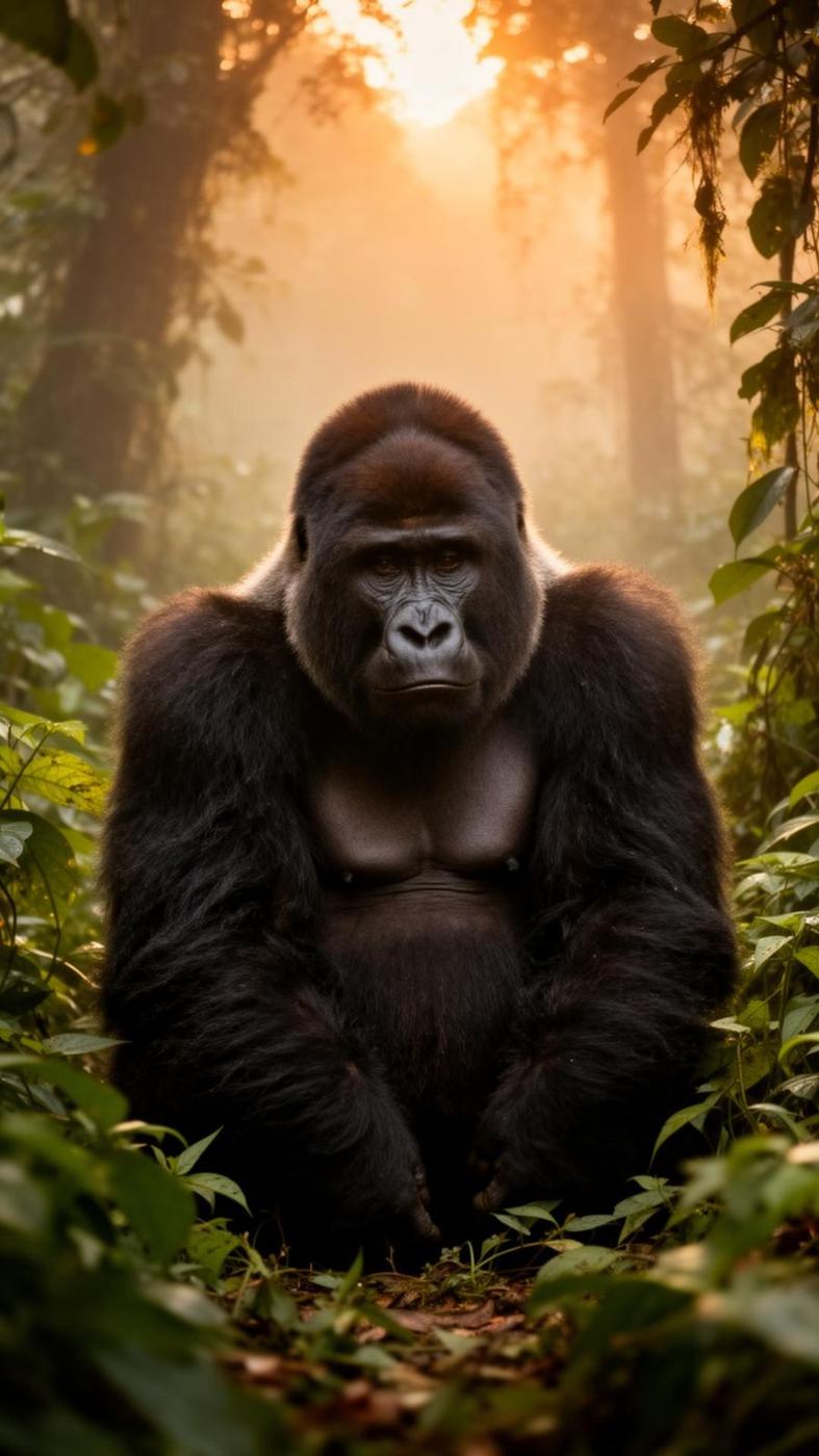 Gorilla backlit in the forest canopy
