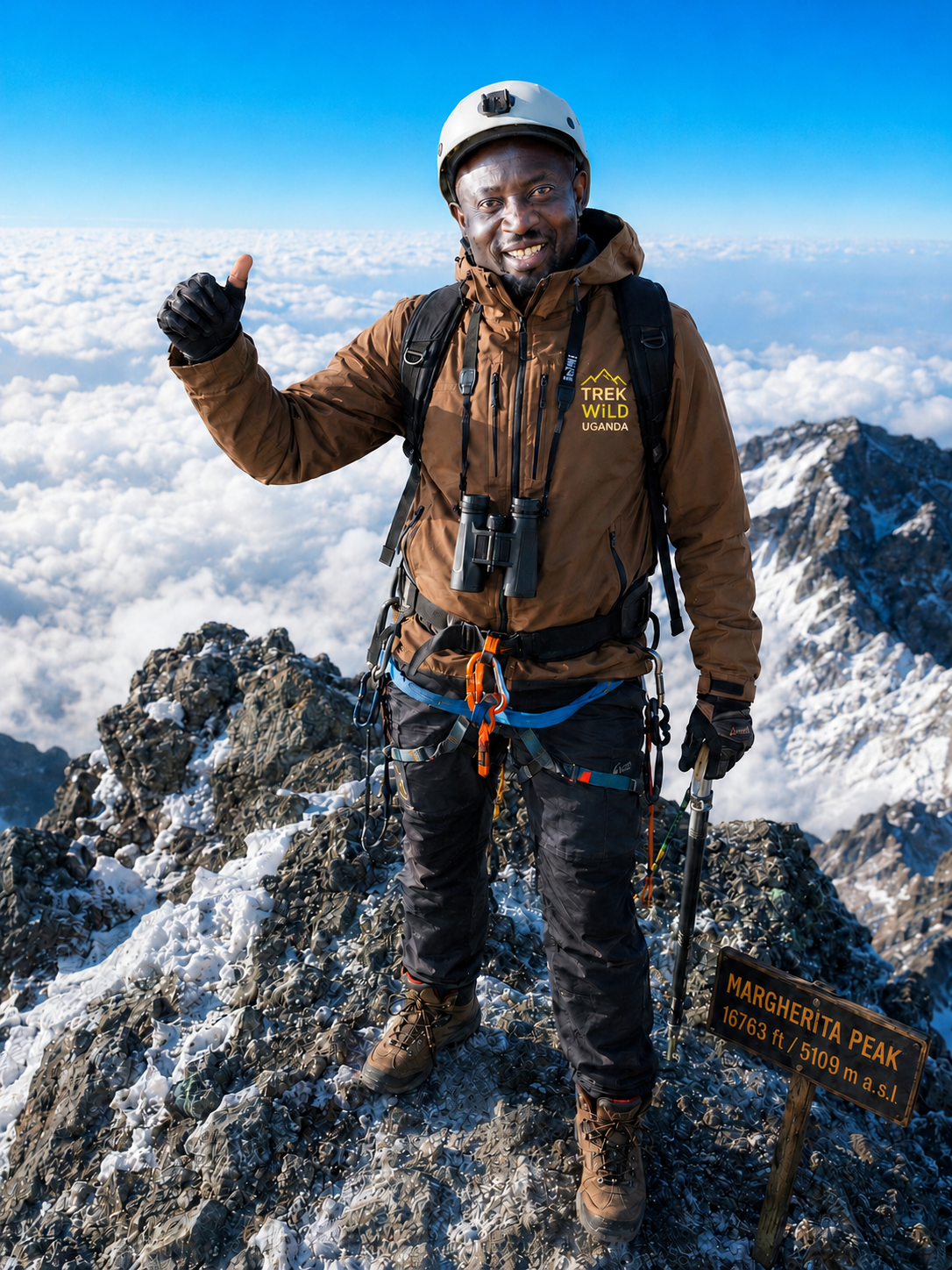 Xavier Asaaba, co-founder of Trek Wild Uganda, at the snowy summit of Margherita Peak in the Rwenzori Mountains